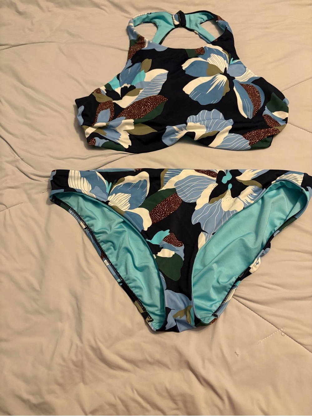 Athleta Floral High-Neck Bikini in Navy, Light Blue and Green both pieces